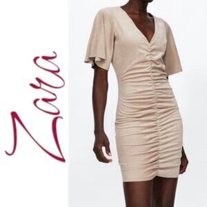 ZARA Vegan Suede Stretchy Ruched Bodycon Cream Ivory Mini Dress, Size‎ Medium